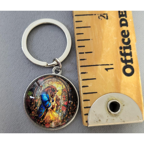 Beauty and the Beast Stained Glass Keychain Round Domed Glass Silver Tone Charm - Picture 3 of 5